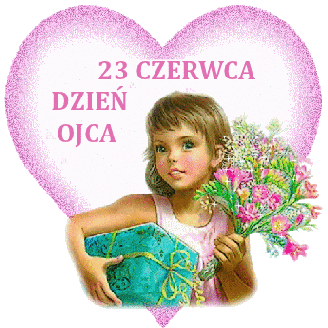 Dziewczynka z prezentem bukiet kwiatów w sercu napis 23 czerwca dzień ojca